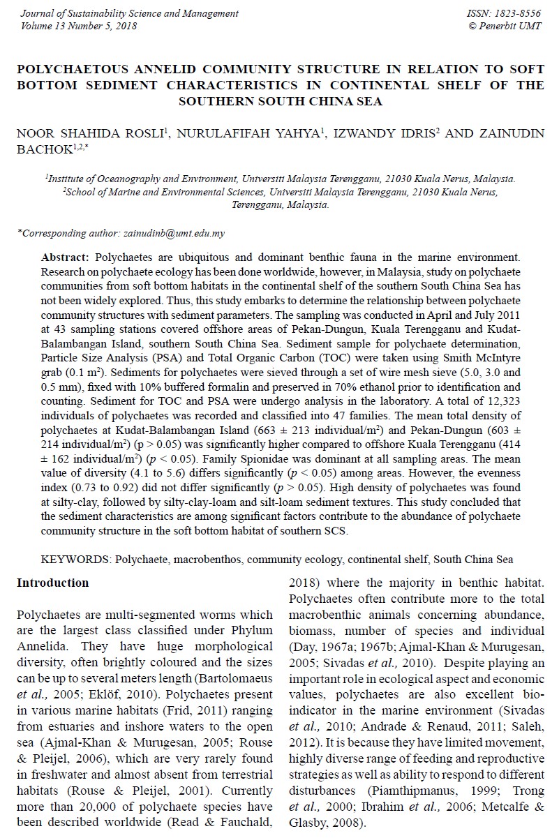 Thumbnail for POLYCHAETOUS ANNELID COMMUNITY STRUCTURE IN RELATION TO SOFT BOTTOM SEDIMENT CHARACTERISTICS IN CONTINENTAL SHELF OF THE SOUTHERN SOUTH CHINA SEA