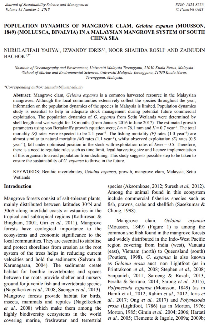 Thumbnail for POPULATION DYNAMICS OF MANGROVE CLAM, Geloina expansa (Mousson, 1849) (MOLLUSCA, BIVALVIA) IN A MALAYSIAN MANGROVE SYSTEM OF SOUTH CHINA SEA