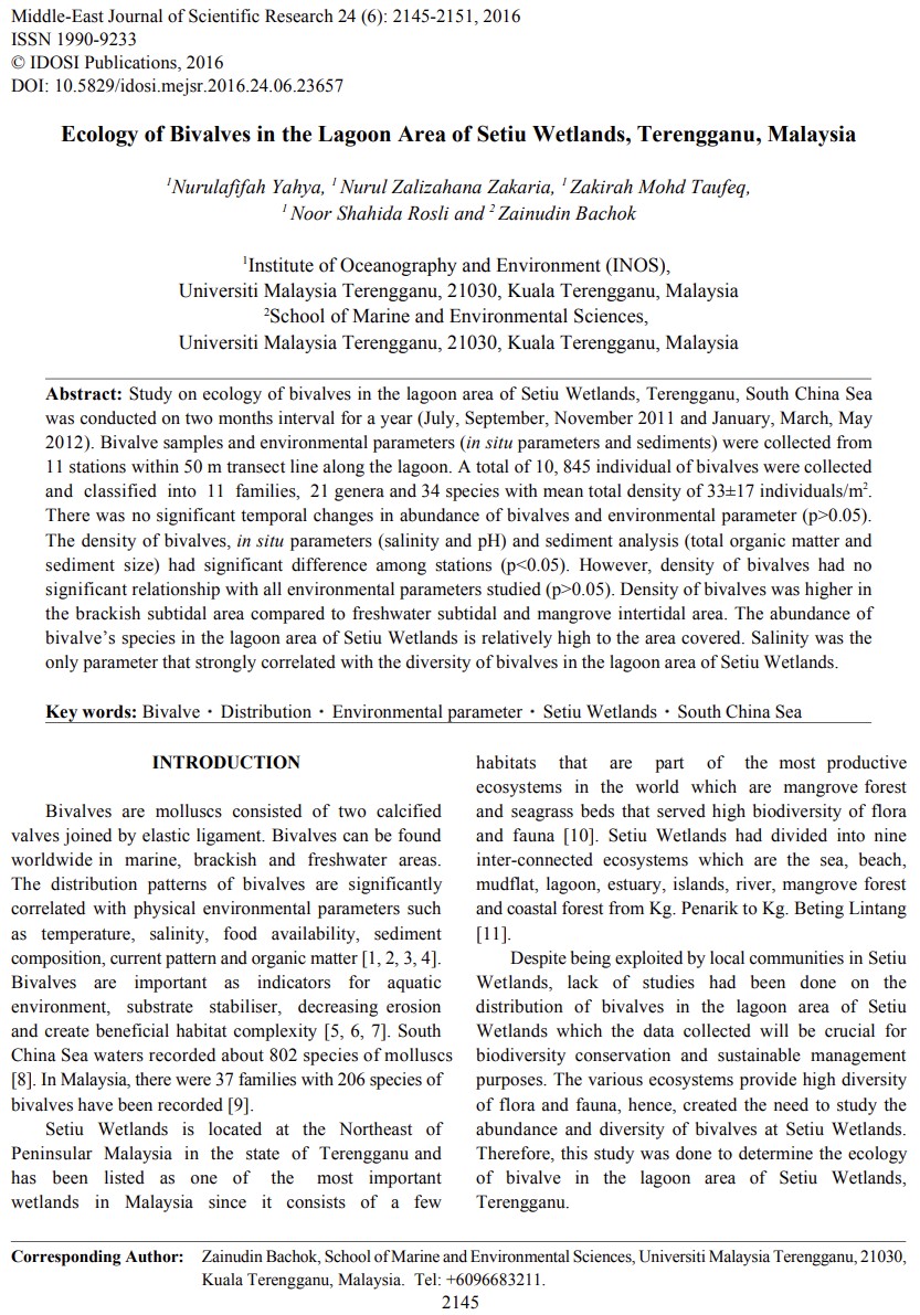 Thumbnail for ECOLOGY OF BIVALVES IN THE LAGOON AREA OF SETIU WETLANDS, TERENGGANU, MALAYSIA
