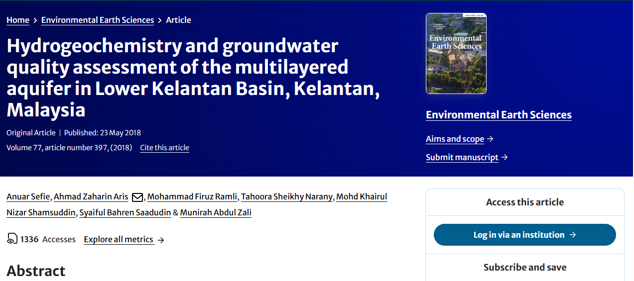 Thumbnail for Hydrogeochemistry and groundwater quality assessment of the multilayered aquifer in Lower Kelantan Basin, Kelantan, Malaysia